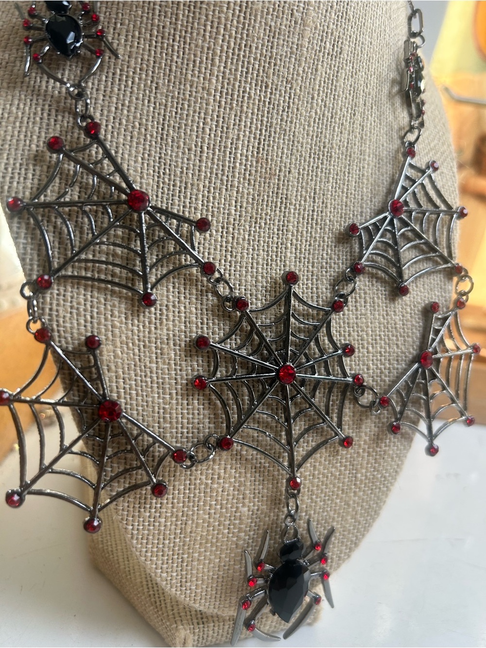 Spider Web Statement Necklace with Red Accents - Women Jewelry
